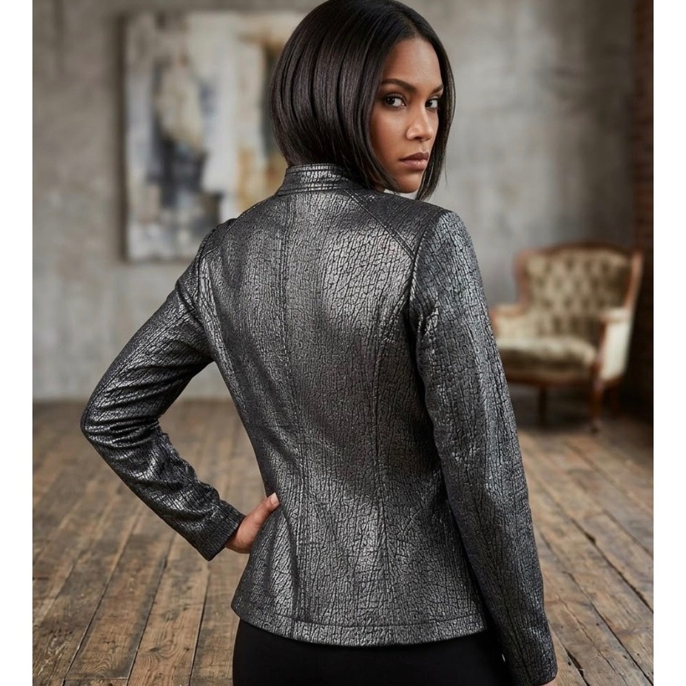 Tribal‎ Moto Jacket Textured Blazer Silver Black Woman 6